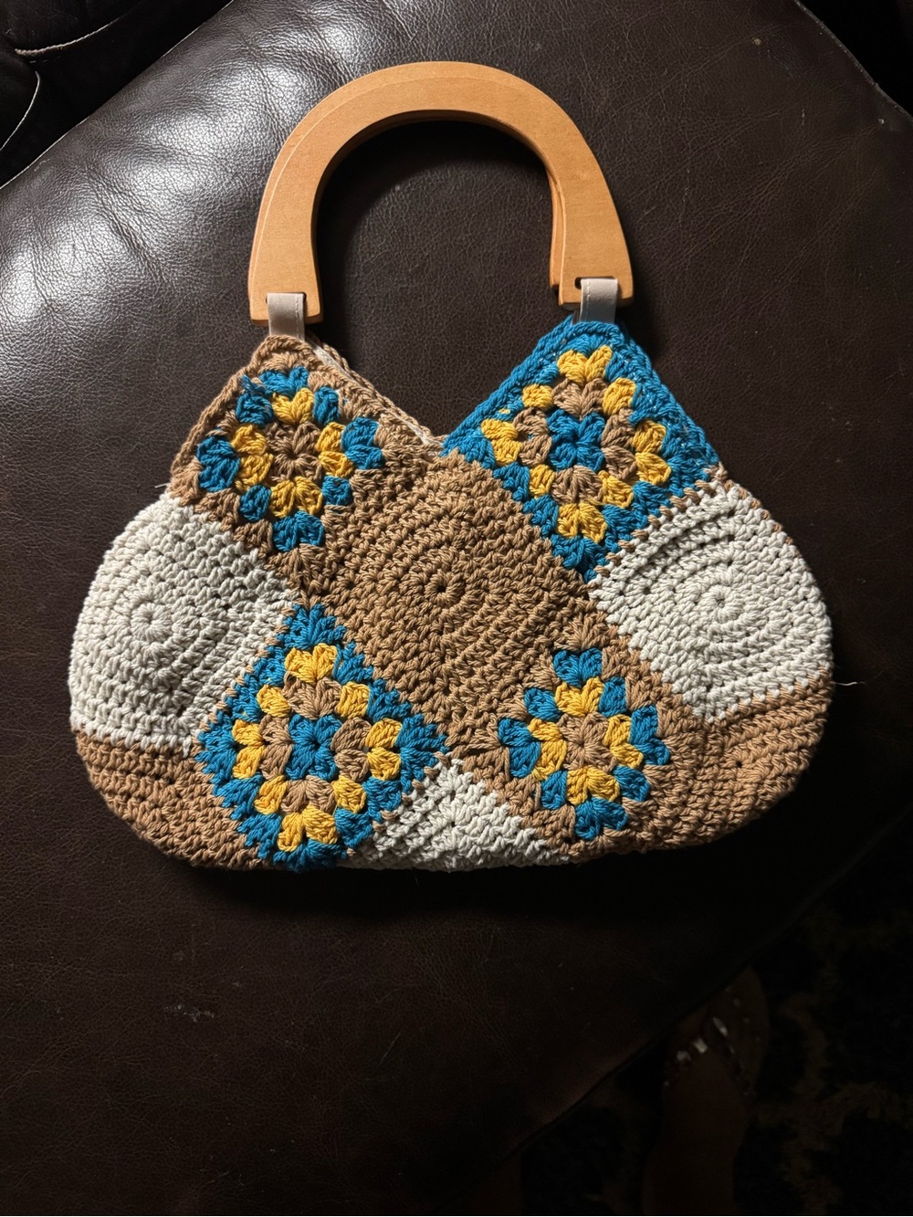 Handmade Crochet Mushroom Accent Tote - Tan, White, Blue & Yellow - Picture 3 of 4
